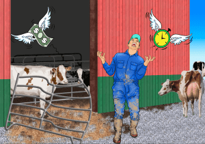 Time and money flying away from a farm worker.